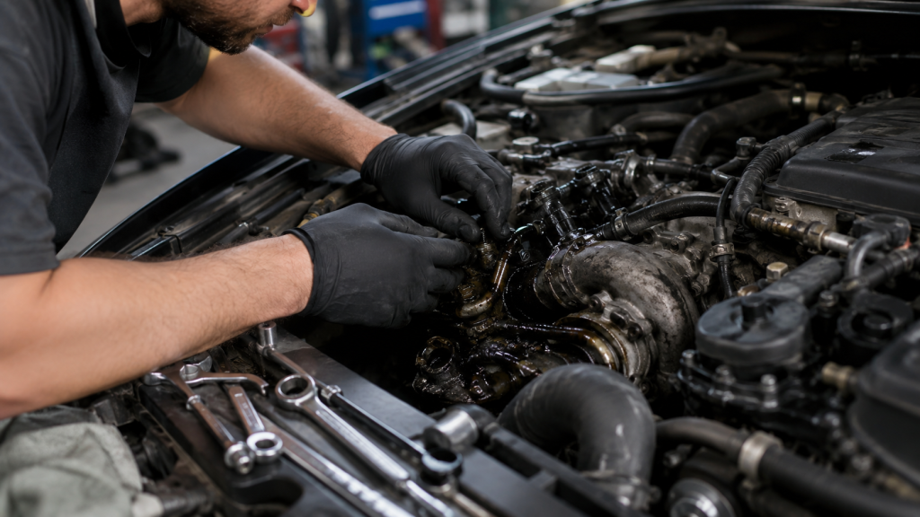 Mecánico revisando motor y turbo por un consumo excesivo de aceite