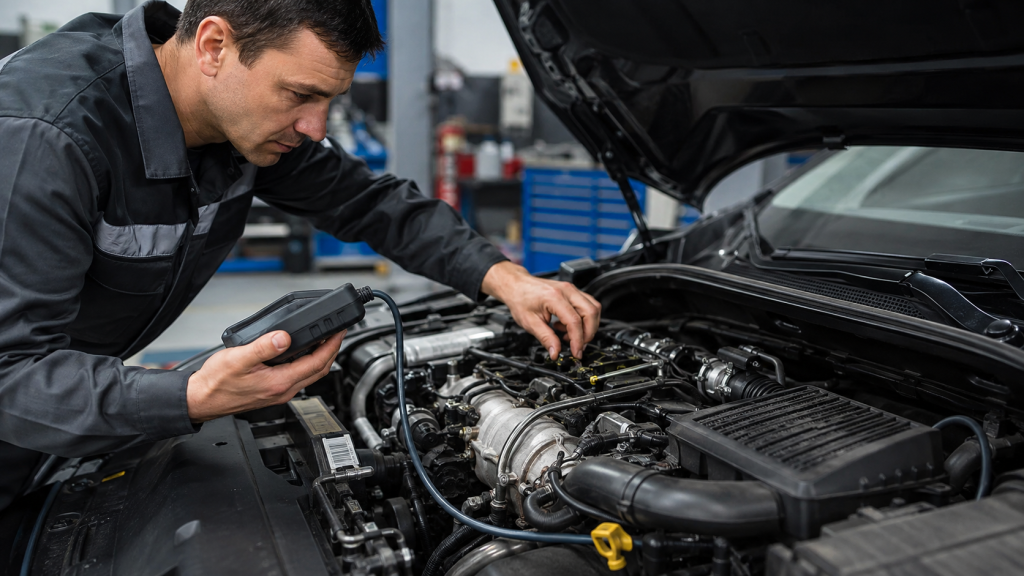 Mecánico diagnosticando pérdida de potencia en un coche diésel