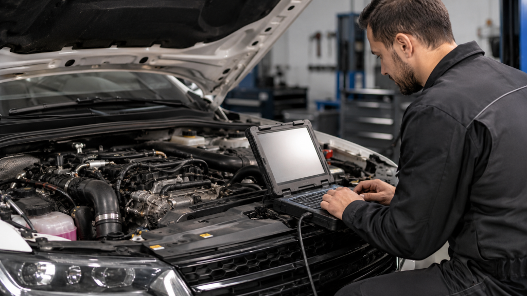 Mecánico realizando un diagnóstico para preparar un coche diésel antes de la ITV