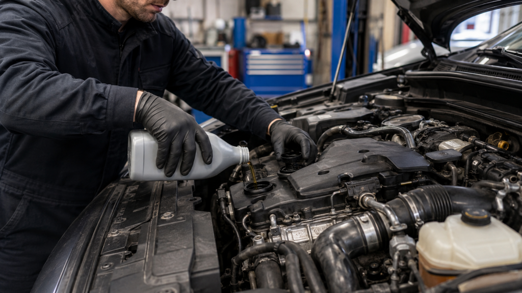 Mecánico realizando una limpieza interna del motor antes del cambio de aceite.