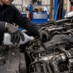 Mecánico realizando una limpieza interna del motor antes del cambio de aceite.