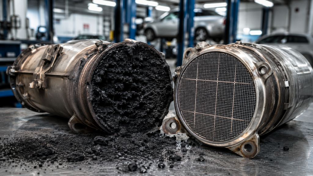 Comparación entre filtro de partículas DPF obstruido y limpio