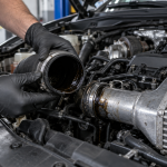 Mecánico revisando aceite en el intercooler y manguito de admisión de un motor diésel