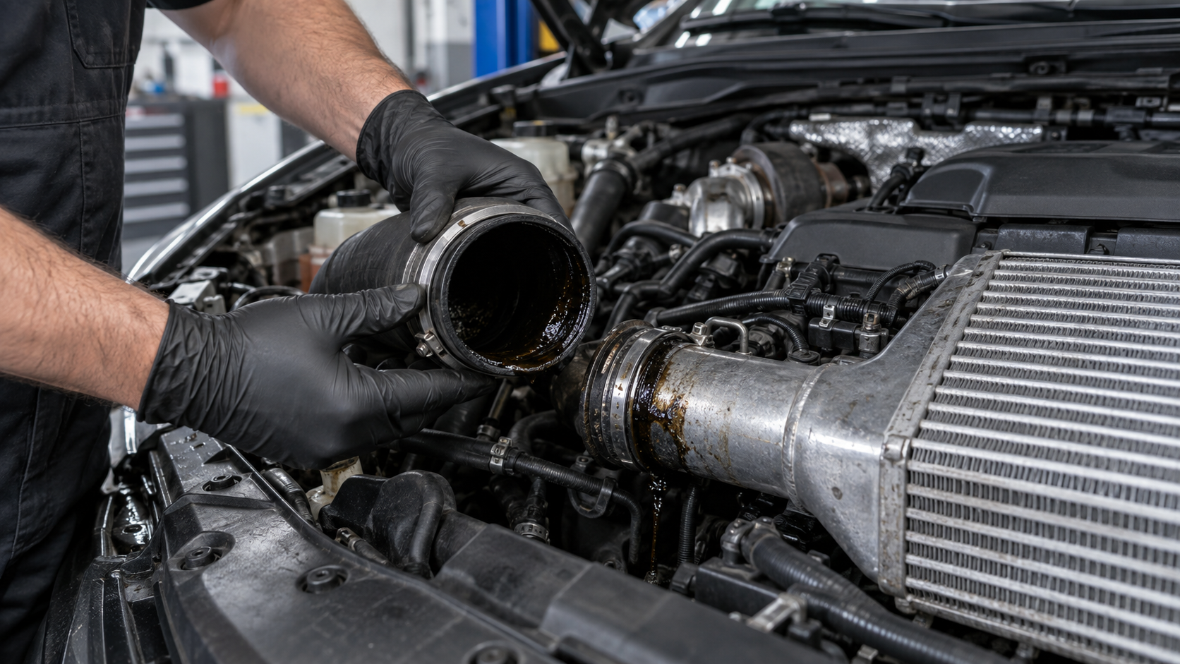 Mecánico revisando aceite en el intercooler y manguito de admisión de un motor diésel