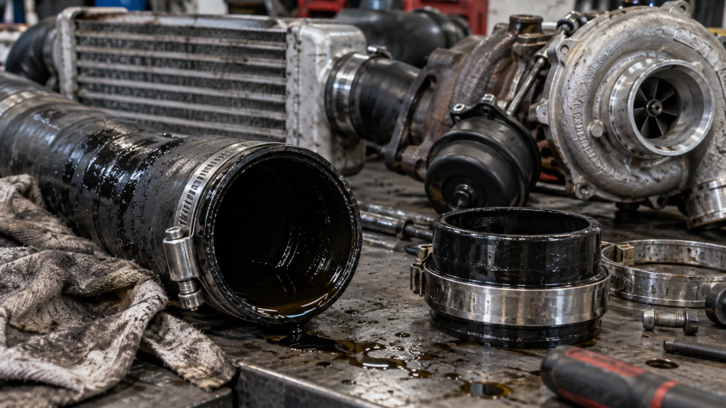 Intercooler, turbo y conductos con acumulación de aceite en un motor diésel