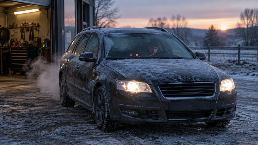 Coche diésel arrancando con dificultad durante una mañana fría de invierno