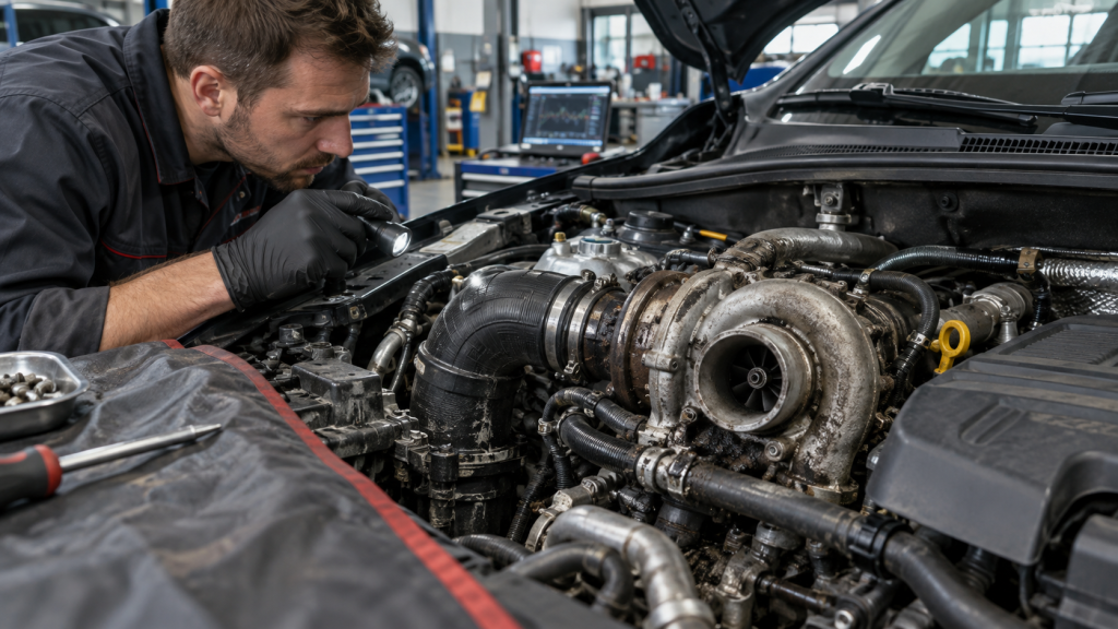 Mecánico diagnosticando un turbo diésel con síntomas de pérdida de potencia
