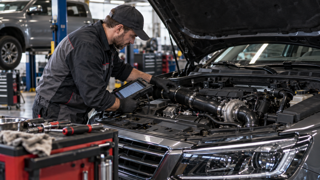 Mecánico diagnosticando una fuga en el sistema turbo de un coche diésel