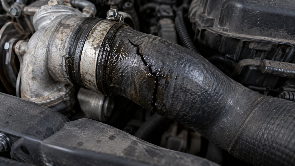 Manguito del turbo roto con una grieta visible y restos de aceite