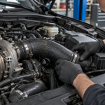 Mecánico revisando un manguito del turbo roto en un motor diésel
