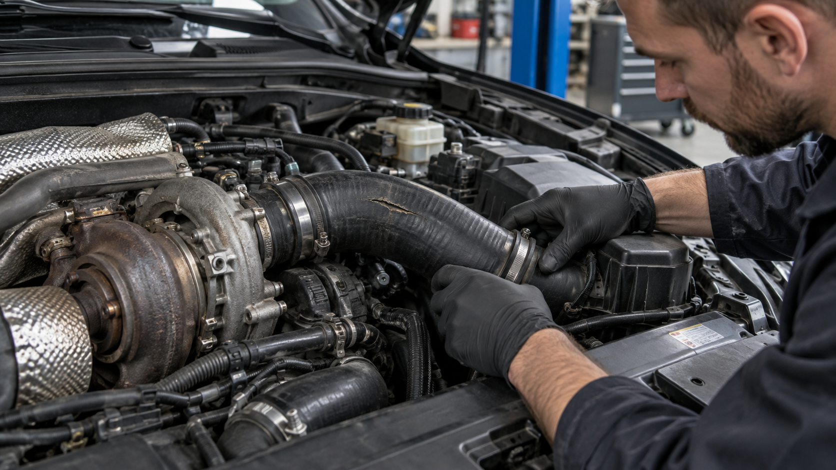 Mecánico revisando un manguito del turbo roto en un motor diésel