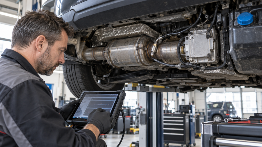 Mecánico diagnosticando un sensor NOx averiado en el sistema SCR de un coche diésel