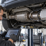 Mecánico diagnosticando un sensor NOx averiado en el sistema SCR de un coche diésel