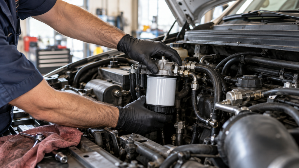 Mecánico instalando un filtro de combustible nuevo en un motor diésel
