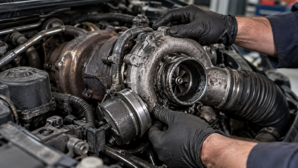Turbo diésel averiado durante una inspección mecánica del motor