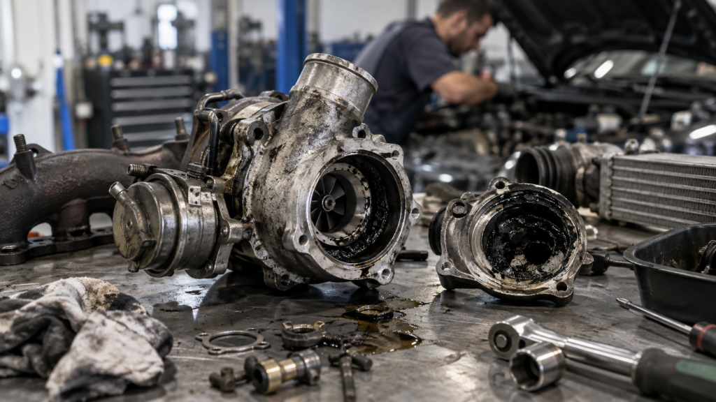 Turbo diésel desmontado con acumulación de carbonilla y residuos